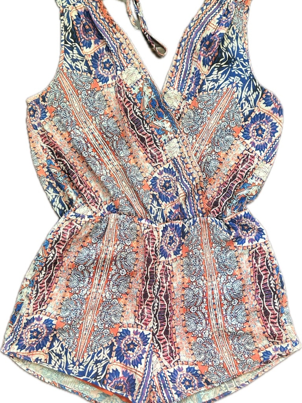 Heartloom Coral & Blue Printed Sleeveless V-Neck Romper with Back Tie